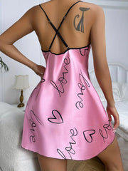 Valentine's Day Heart Printed Silk Satin Nightgowns for Women Sleepwear Sexy Nightdress Backless Nighties Lounge Wear