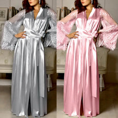 Women's Long Satin Lace Bridal Robe with Belt in Grey