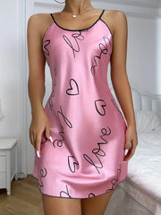 Valentine's Day Heart Printed Silk Satin Nightgowns for Women Sleepwear Sexy Nightdress Backless Nighties Lounge Wear