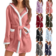 Women's Hooded Coral Fleece Warm Robe in Light Blue, view 4