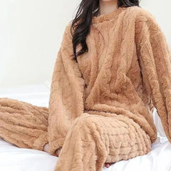 Solid Velvet Ribbed Fleece Pajama Set for Women