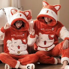Winter Thicken Cartoon Cat Couples Pajamas Set