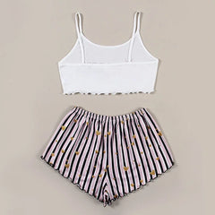 Summer Pajamas Set Women Sleepwear Sexy Lingerie Casual Sleeveless Striped Tank Top Vest + Shorts Set Pijamas Homewear