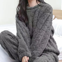 Solid Velvet Ribbed Fleece Pajama Set for Women