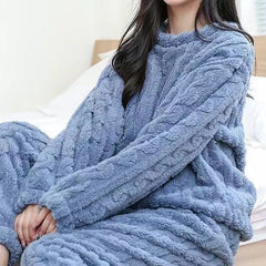 Solid Velvet Ribbed Fleece Pajama Set for Women