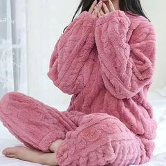 Solid Velvet Ribbed Fleece Pajama Set for Women