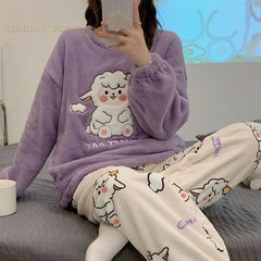 Cartoon Plaid Flannel Pajama Set for Women