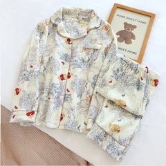 Ink Painting Print Cotton Gauze Pajama Set for Women