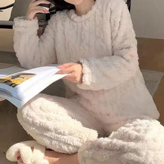 Solid Velvet Ribbed Fleece Pajama Set for Women