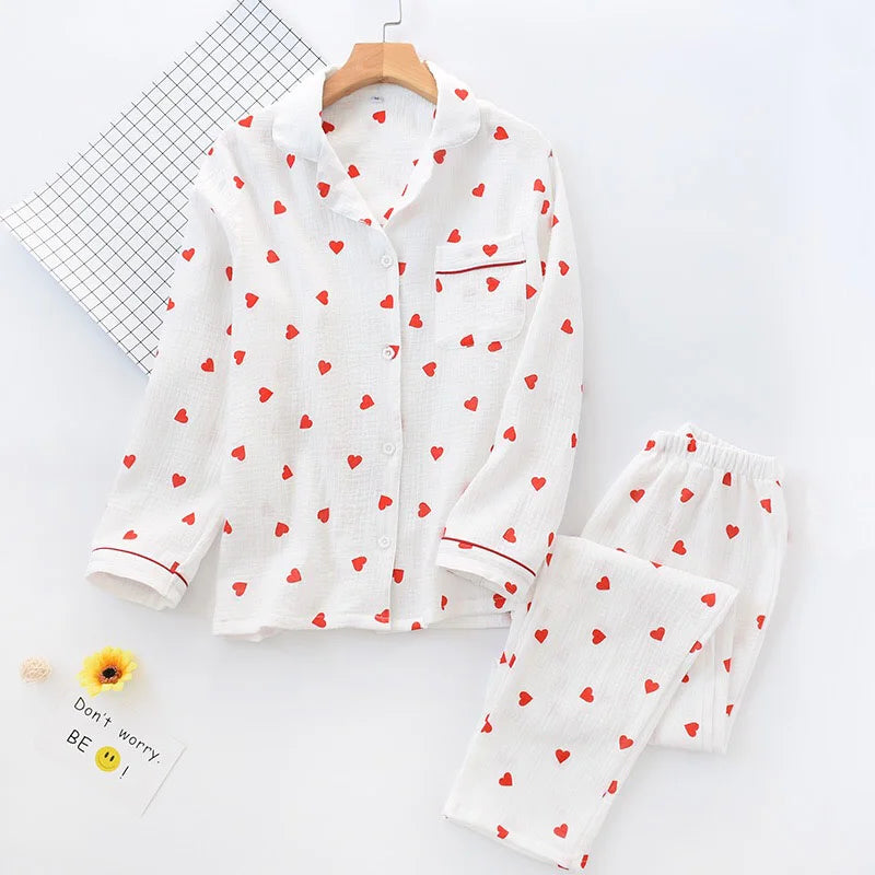 Heart Printed Crepe Cotton Pajama Set for Women