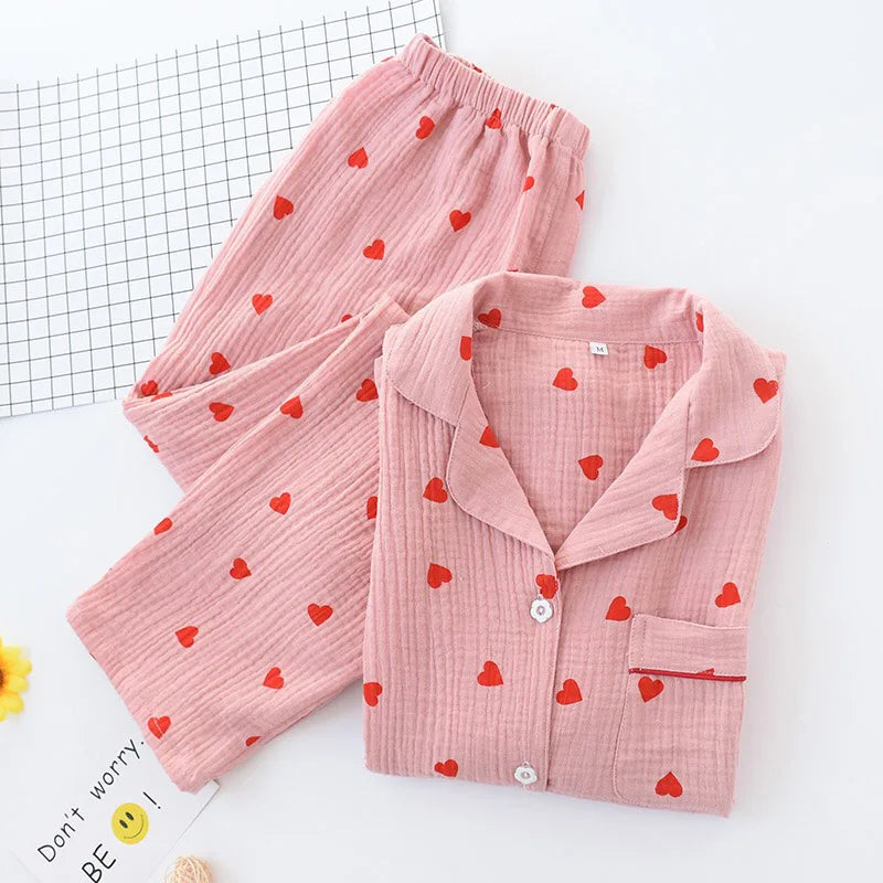 Heart Printed Crepe Cotton Pajama Set for Women