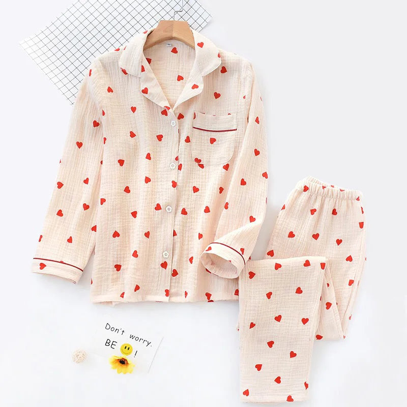 Heart Printed Crepe Cotton Pajama Set for Women