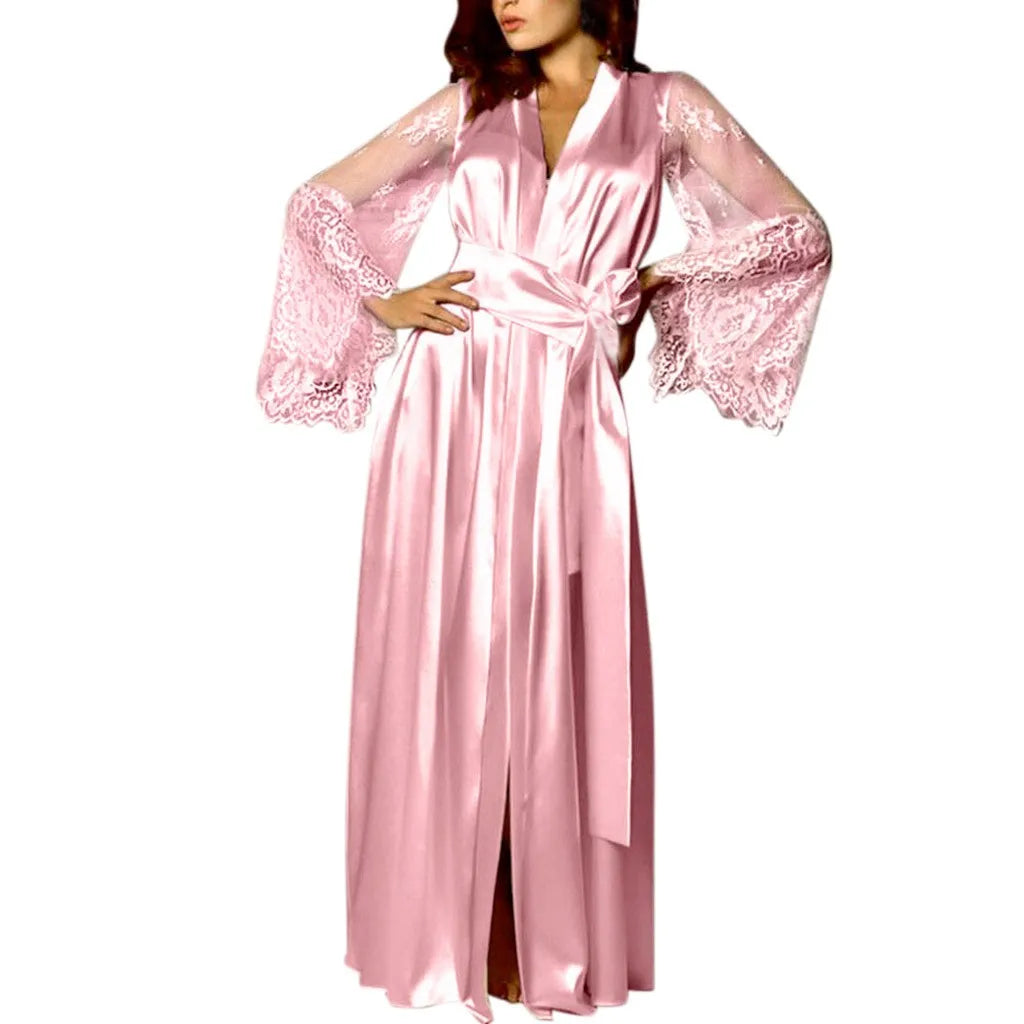 Women's Long Satin Lace Bridal Robe with Belt in Grey, view 6