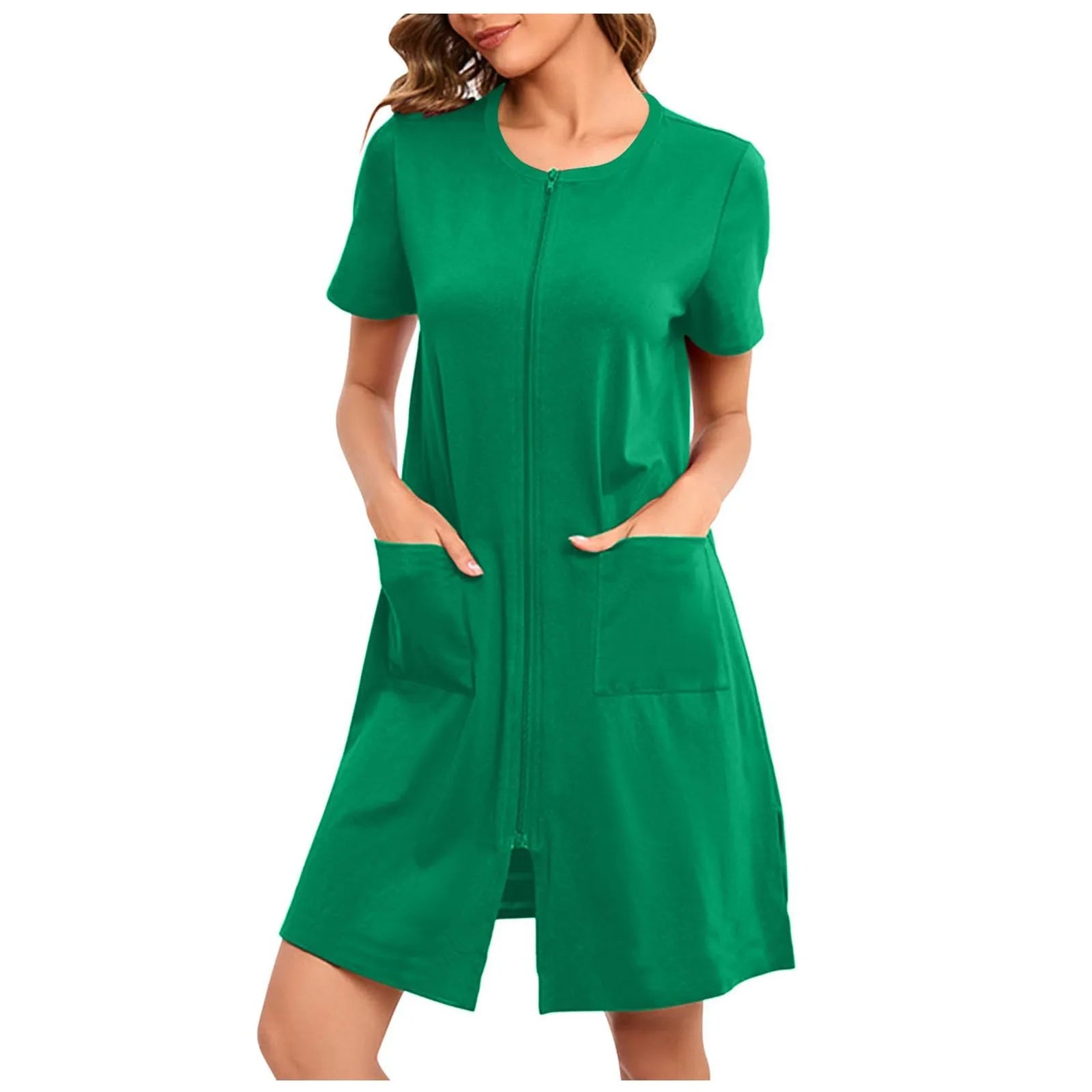 Women's Lightweight Zip-Front Short-Sleeve Robe with Pockets in Blue, view 13