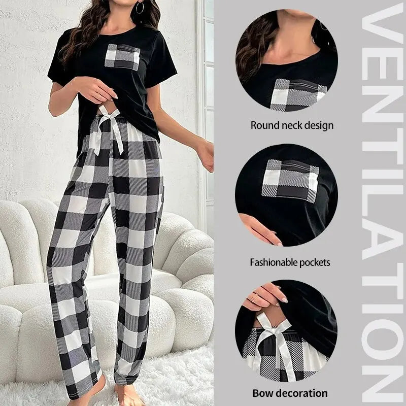 Printed Checkered Long Pajama Set for Women