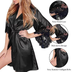 Women's Floral Lace Satin Robe & Nightdress Set in Blue