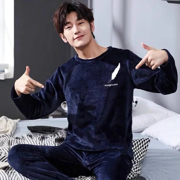 Men's Cartoon Thicken Warm Flannel Pajama Set