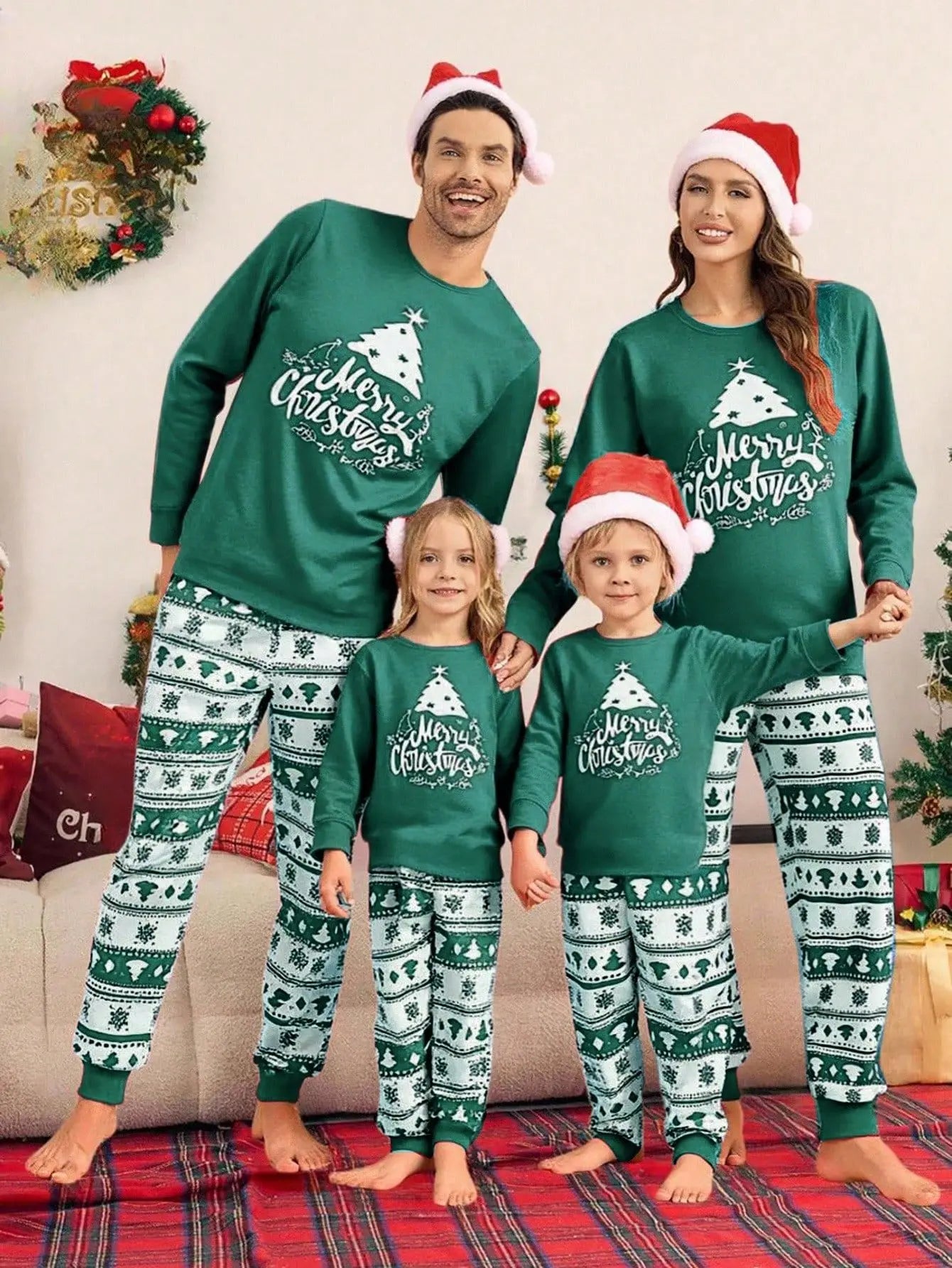 Black & Beige Family Christmas Matching Pajama Set in Beige, view 11