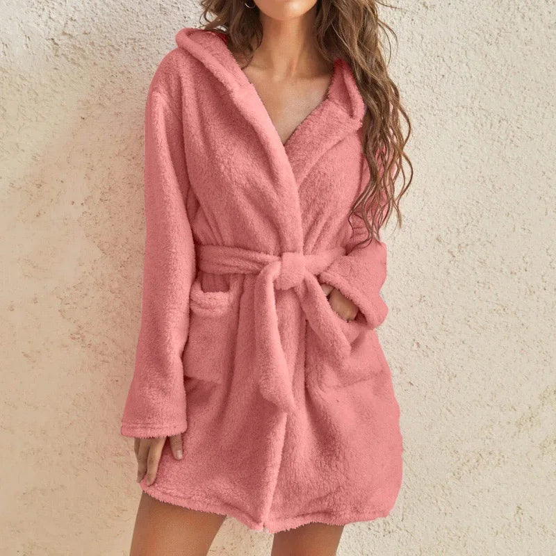 2023 New Women Hooded Fleece Bathrobe Lightweight Soft Plush Flannel Sleepwear Fleece Hooded Bathrobes Plush Night Sleepwear
