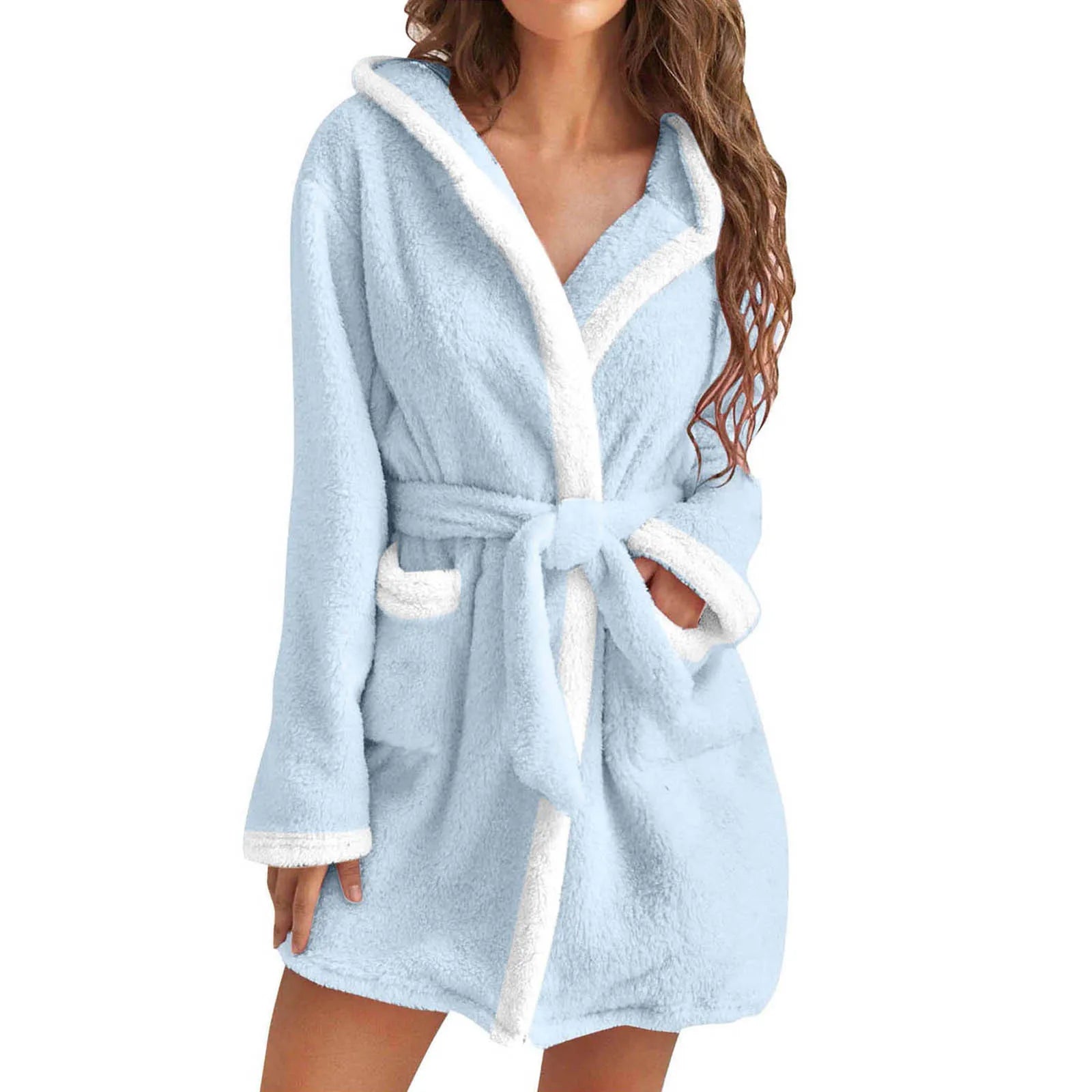Women's Hooded Coral Fleece Warm Robe in Light Blue, view 14