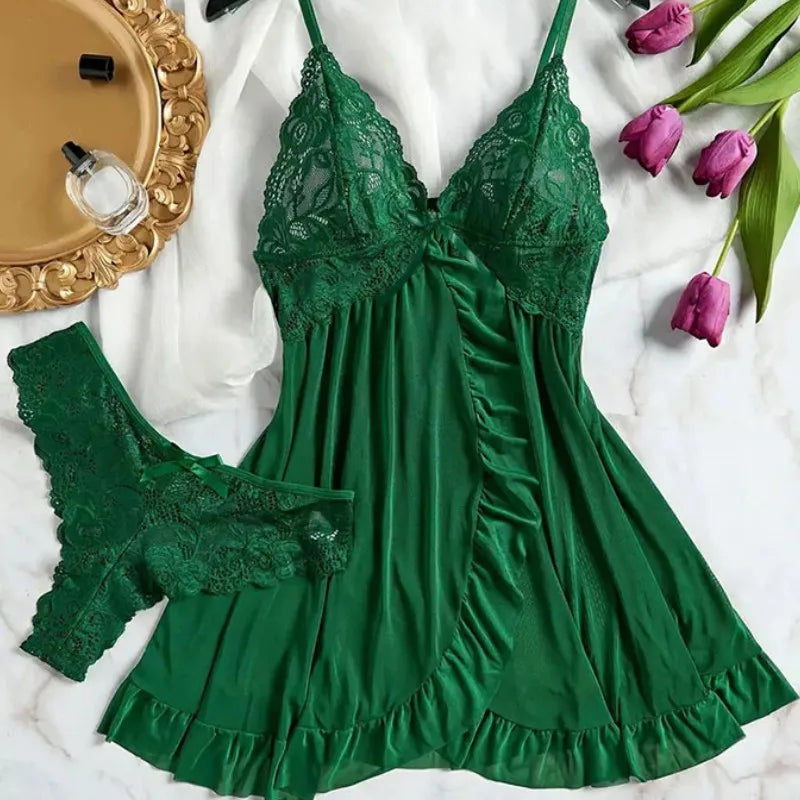 Summer Soft Sheer Nighty Pajamas Nightgowns Dark Green Halter Dress Women Sleepwear Sexy Nightdress Thong Sets