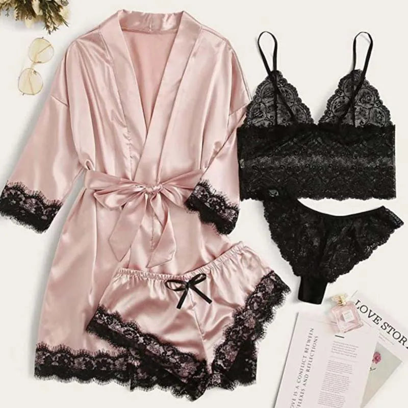 Women's 4-Piece Sleepwear Pajama Set with Lace Robe