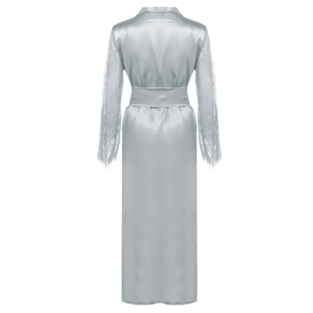 Women's Long Satin Lace Bridal Robe with Belt in Pink, view 11