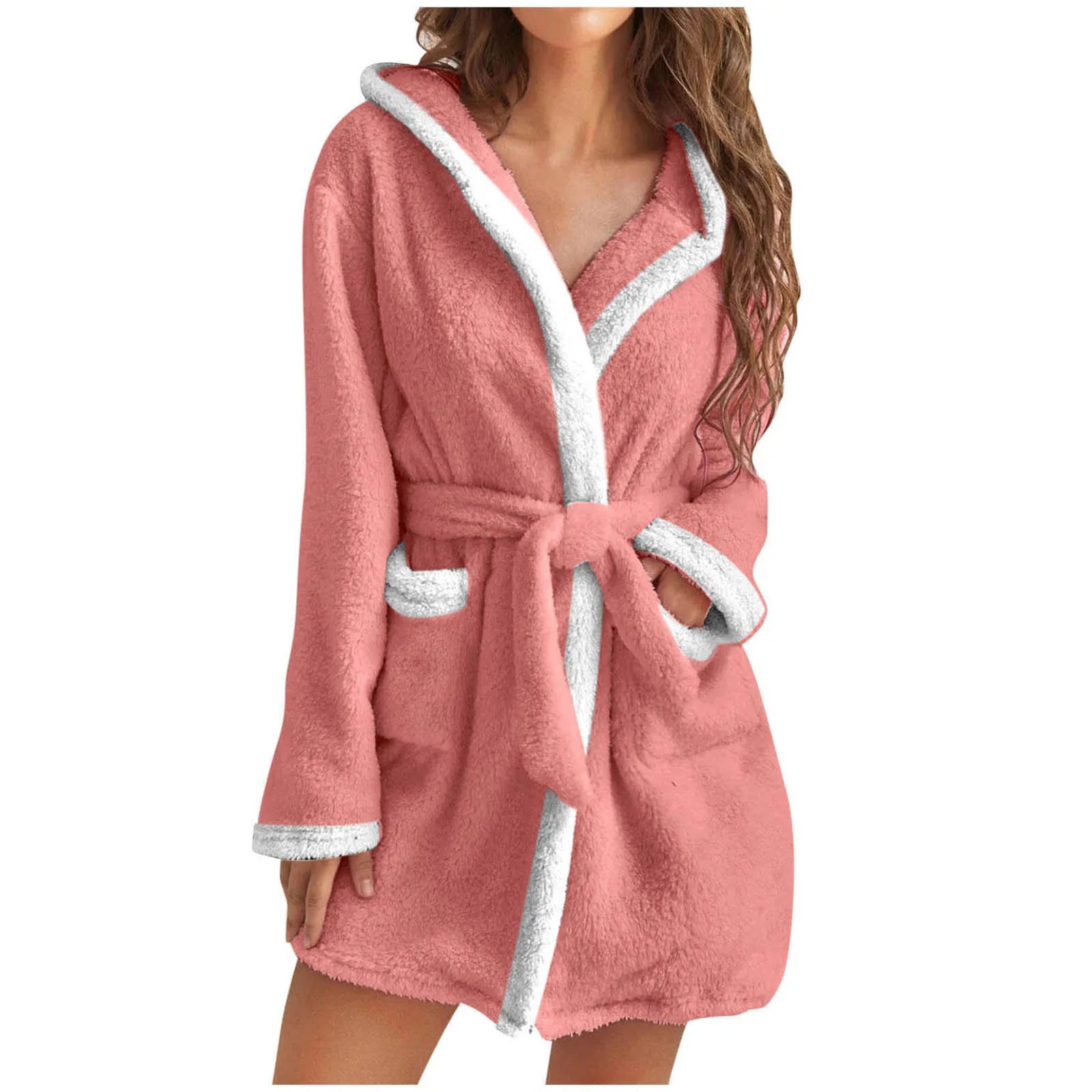 Women's Hooded Coral Fleece Warm Robe in AG, view 5