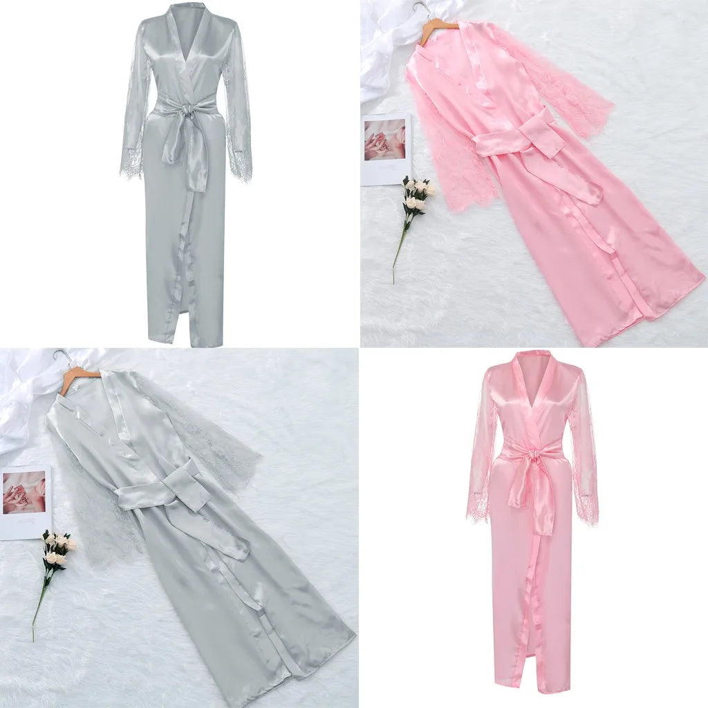 Women's Long Satin Lace Bridal Robe with Belt in Pink, view 8