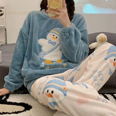 Cartoon Plaid Flannel Pajama Set for Women