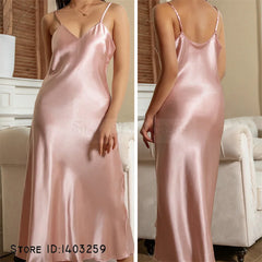 Female Long Nightgown Chemise Sleepwear Sexy Suspender Nightdress Intimate Lingerie Summer Women Satin Home Clothes Loungewear