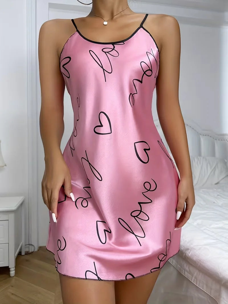Valentine's Day Heart Printed Silk Satin Nightgowns for Women Sleepwear Sexy Nightdress Backless Nighties Lounge Wear