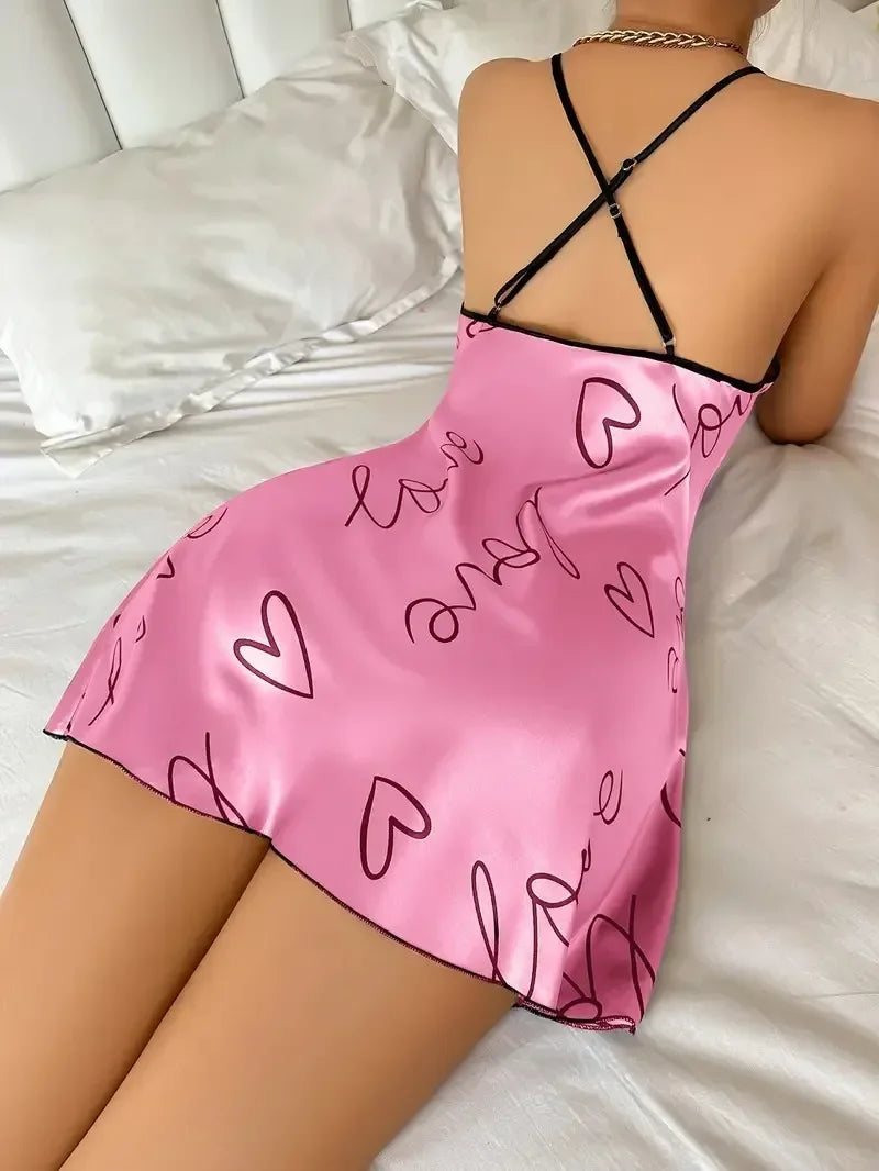Valentine's Day Heart Printed Silk Satin Nightgowns for Women Sleepwear Sexy Nightdress Backless Nighties Lounge Wear