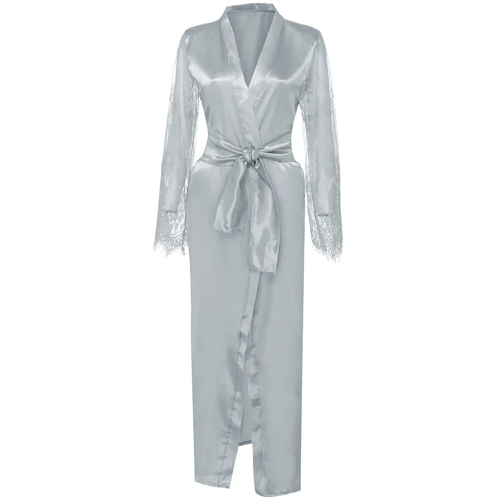 Women's Long Satin Lace Bridal Robe with Belt in Pink, view 12