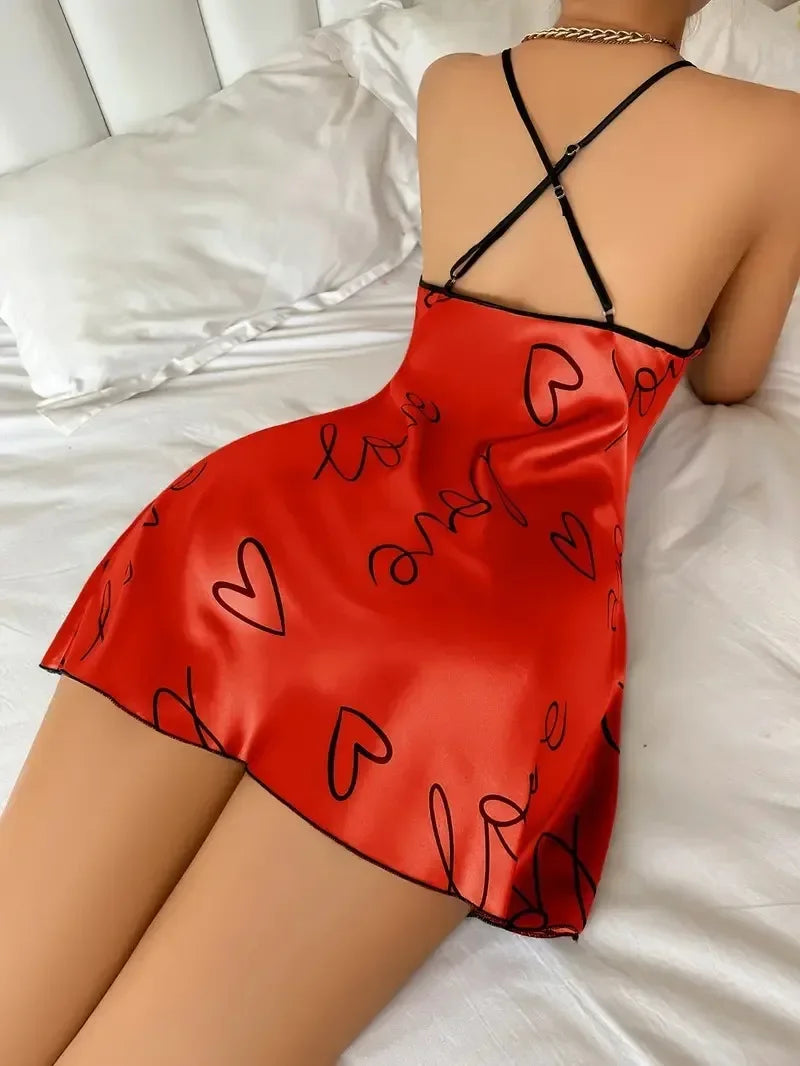 Valentine's Day Heart Printed Silk Satin Nightgowns for Women Sleepwear Sexy Nightdress Backless Nighties Lounge Wear