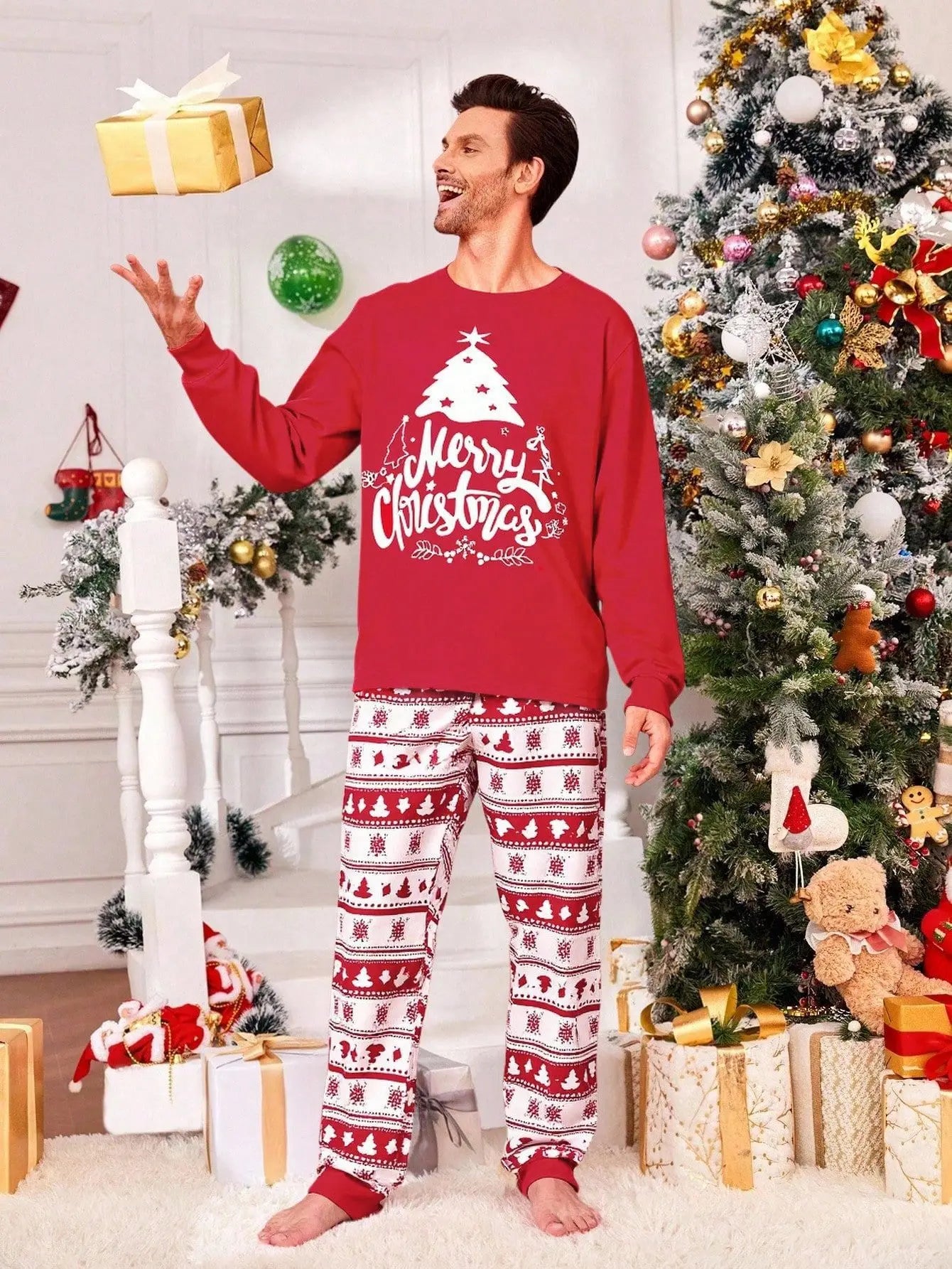Black & Beige Family Christmas Matching Pajama Set in Beige, view 8