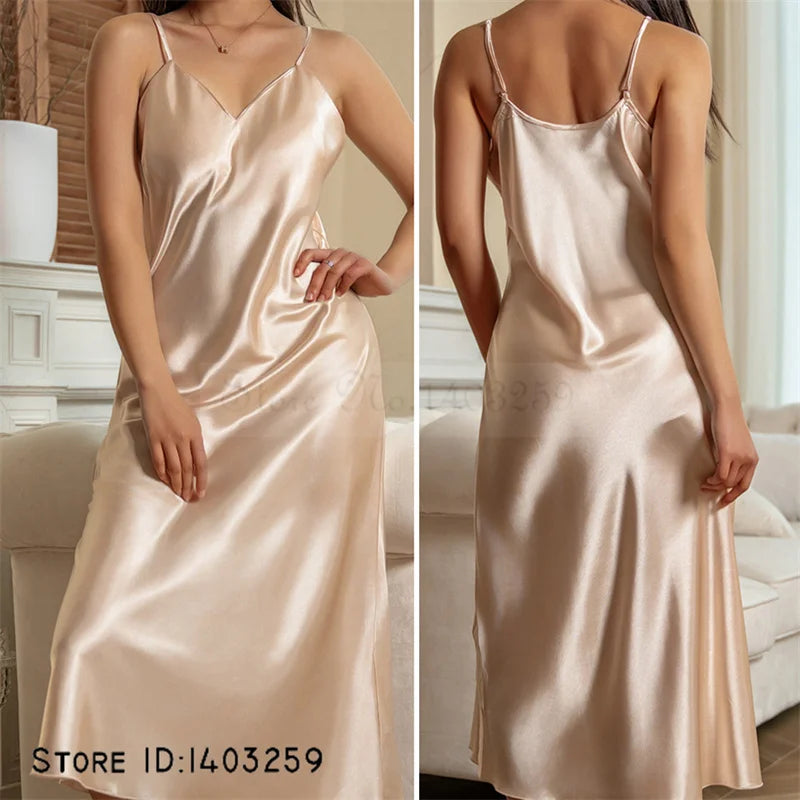 Female Long Nightgown Chemise Sleepwear Sexy Suspender Nightdress Intimate Lingerie Summer Women Satin Home Clothes Loungewear