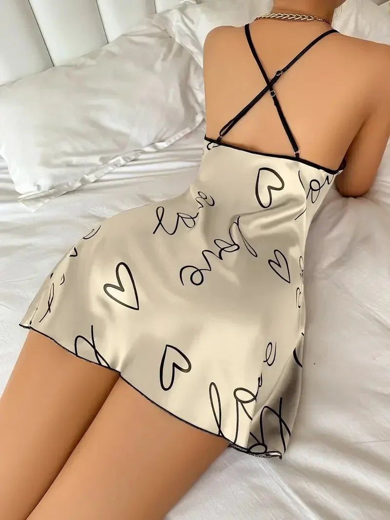 Valentine's Day Heart Printed Silk Satin Nightgowns for Women Sleepwear Sexy Nightdress Backless Nighties Lounge Wear