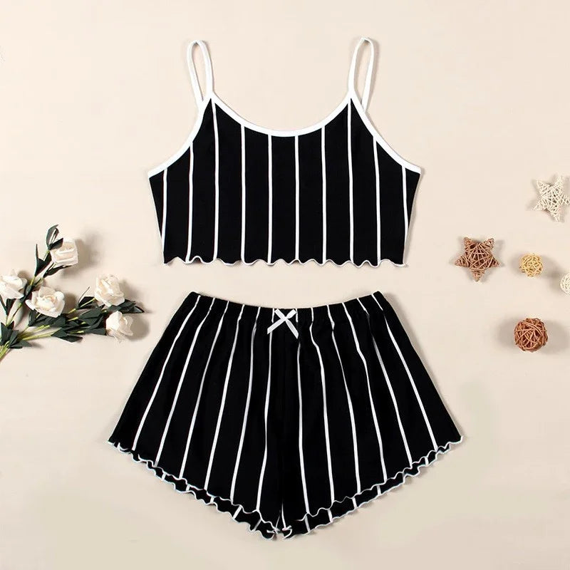 Summer Pajamas Set Women Sleepwear Sexy Lingerie Casual Sleeveless Striped Tank Top Vest + Shorts Set Pijamas Homewear