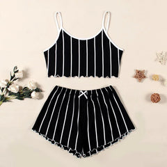 Summer Pajamas Set Women Sleepwear Sexy Lingerie Casual Sleeveless Striped Tank Top Vest + Shorts Set Pijamas Homewear