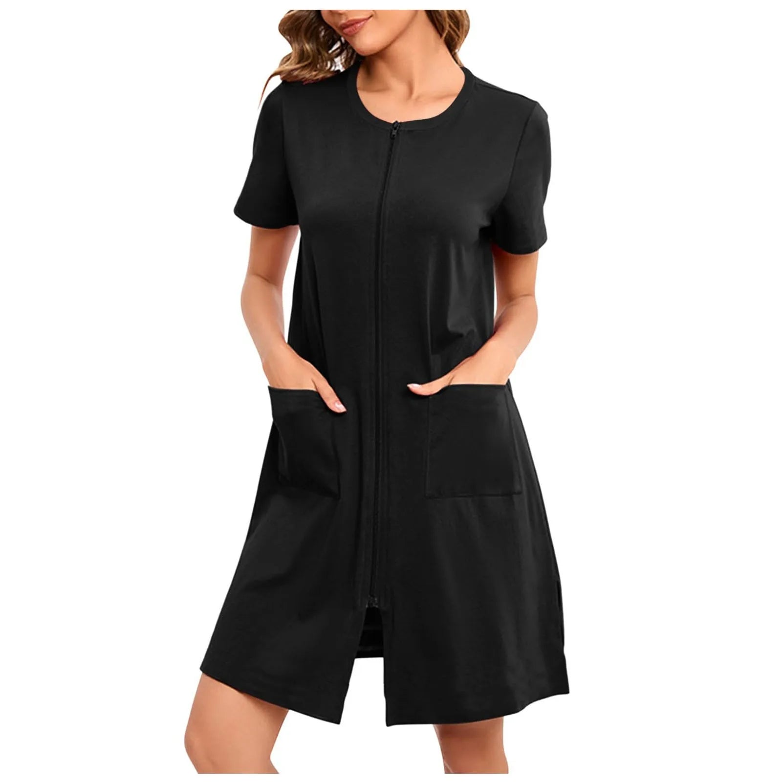 Women's Lightweight Zip-Front Short-Sleeve Robe with Pockets in Black, view 11