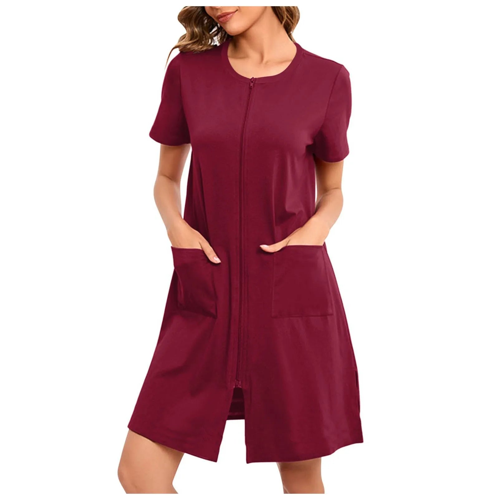 Women's Lightweight Zip-Front Short-Sleeve Robe with Pockets in Blue, view 3