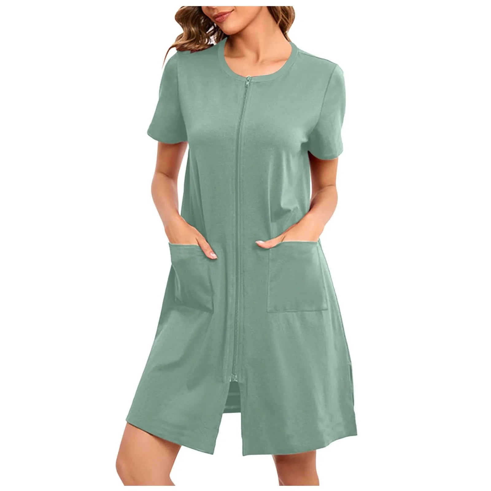 Women's Lightweight Zip-Front Short-Sleeve Robe with Pockets in Blue, view 14