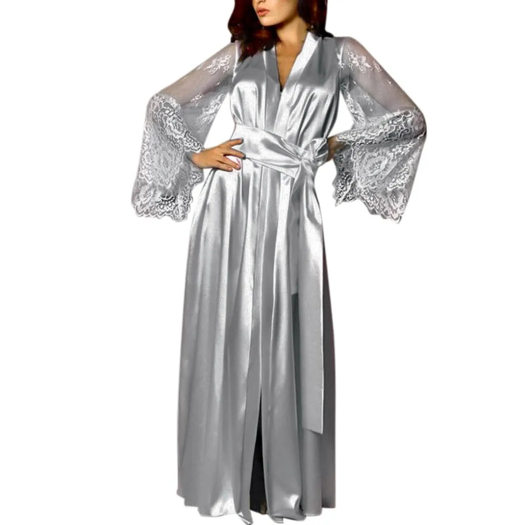 Women's Long Satin Lace Bridal Robe with Belt in Grey, view 5