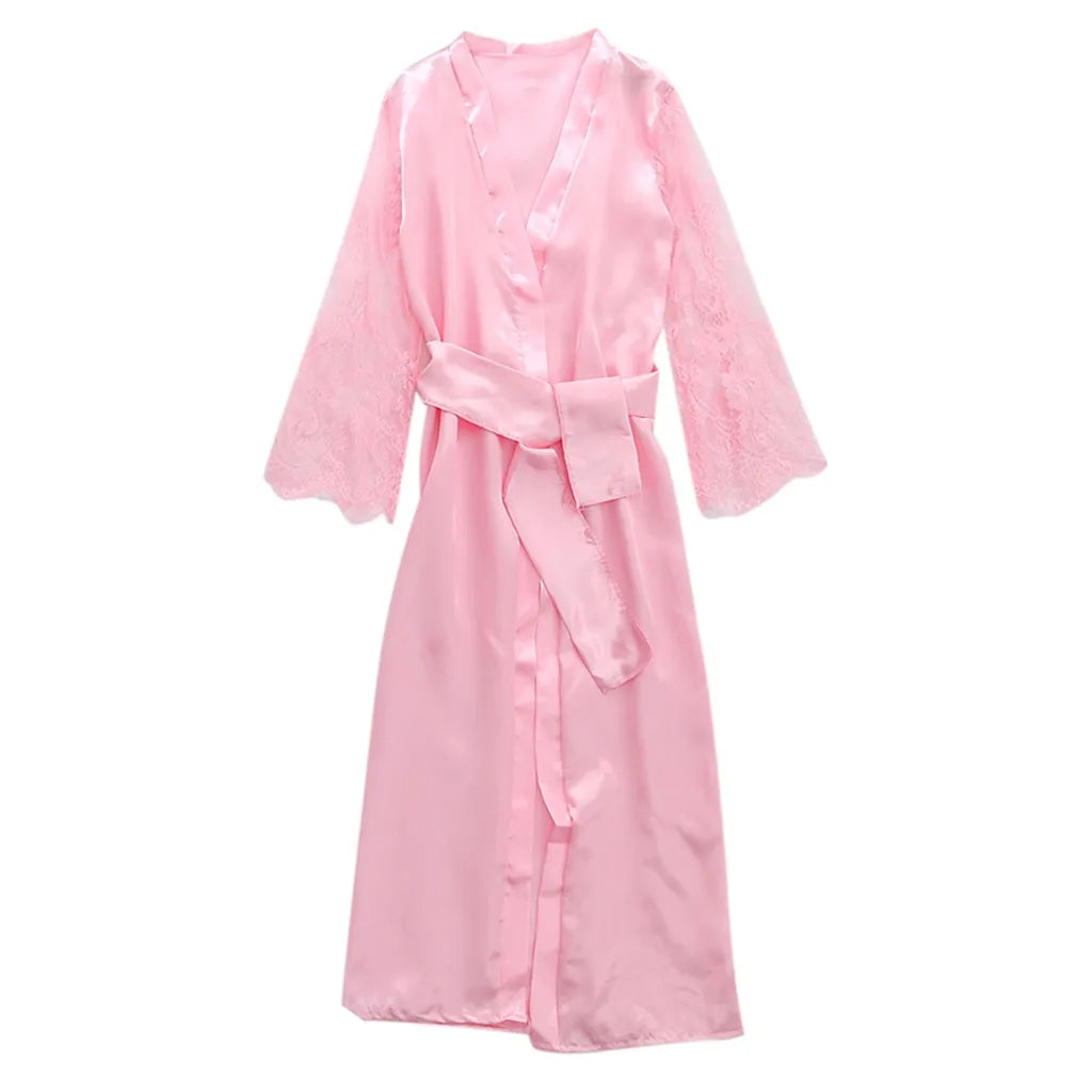 Women's Long Satin Lace Bridal Robe with Belt in Grey, view 2