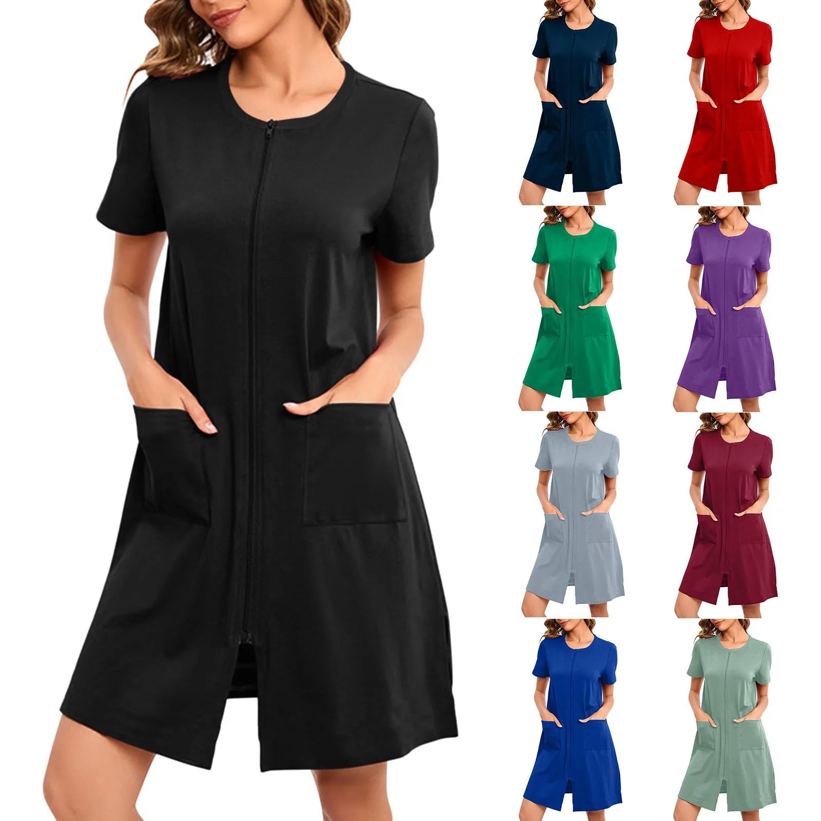 Women's Lightweight Zip-Front Short-Sleeve Robe with Pockets in Black, view 7