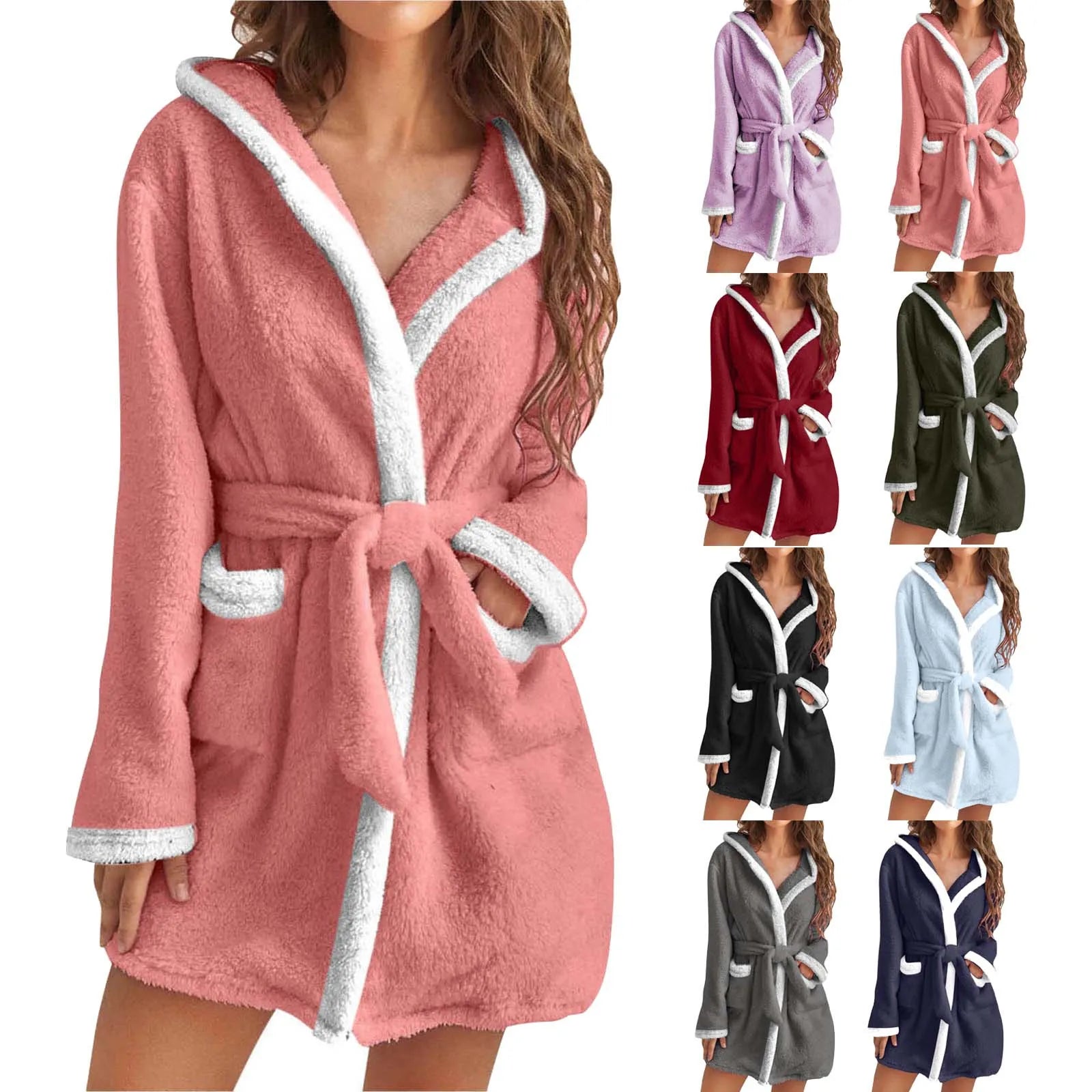 Women's Hooded Coral Fleece Warm Robe in Light Blue, view 4