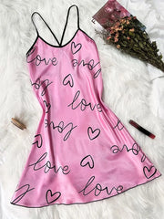 Valentine's Day Heart Printed Silk Satin Nightgowns for Women Sleepwear Sexy Nightdress Backless Nighties Lounge Wear