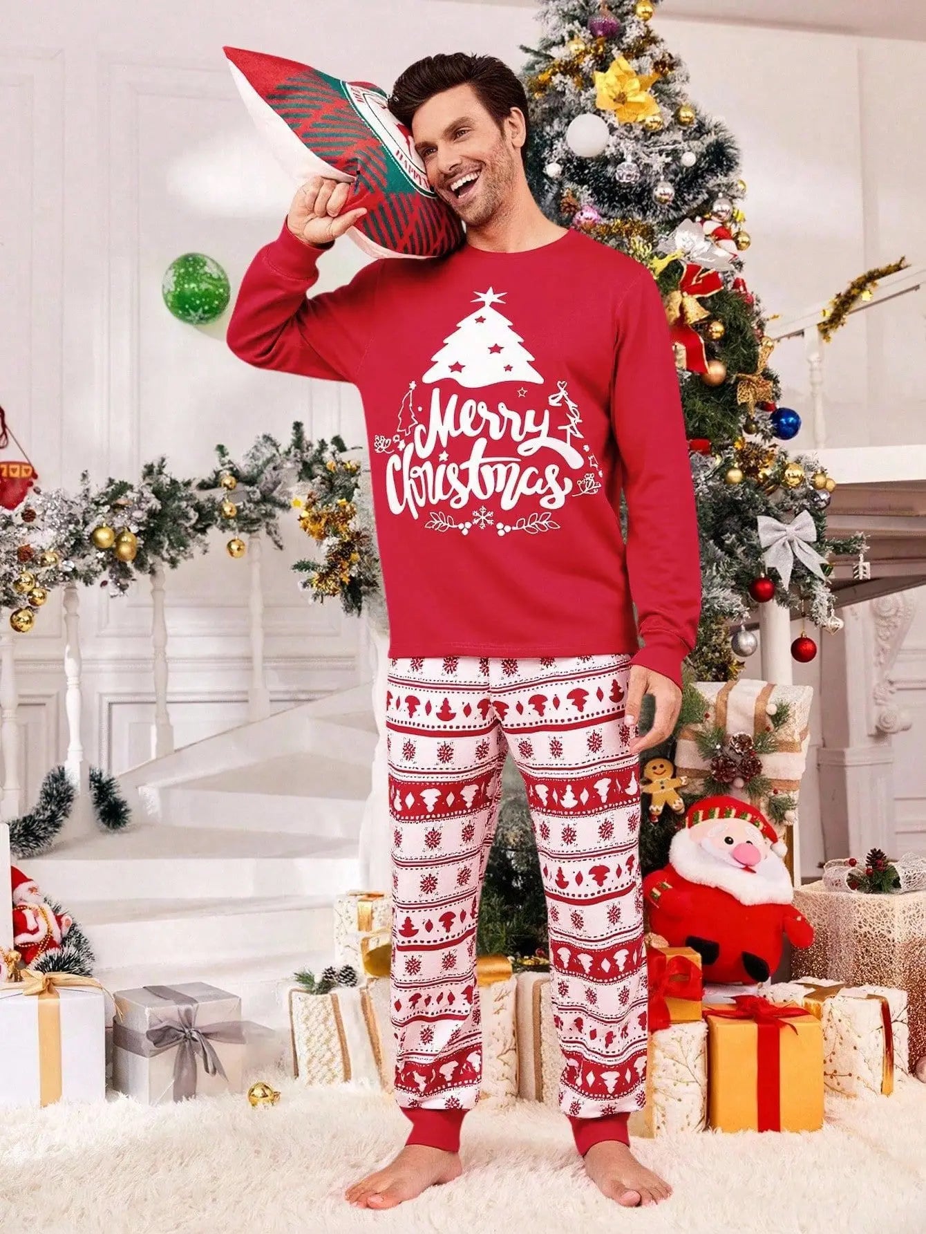 Black & Beige Family Christmas Matching Pajama Set in Beige, view 10