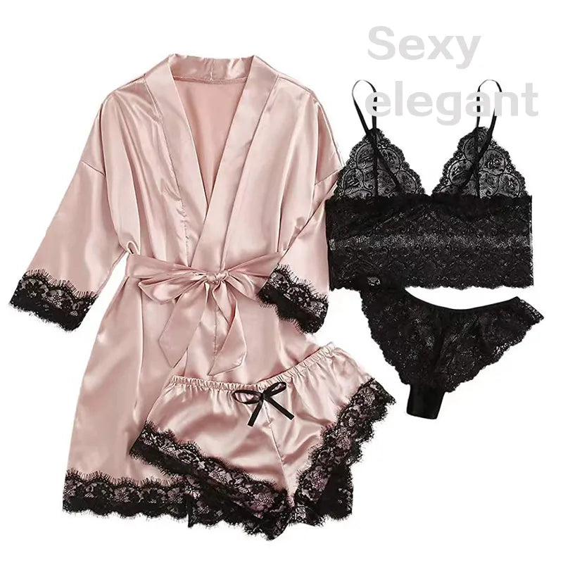 Women's 4-Piece Sleepwear Pajama Set with Lace Robe